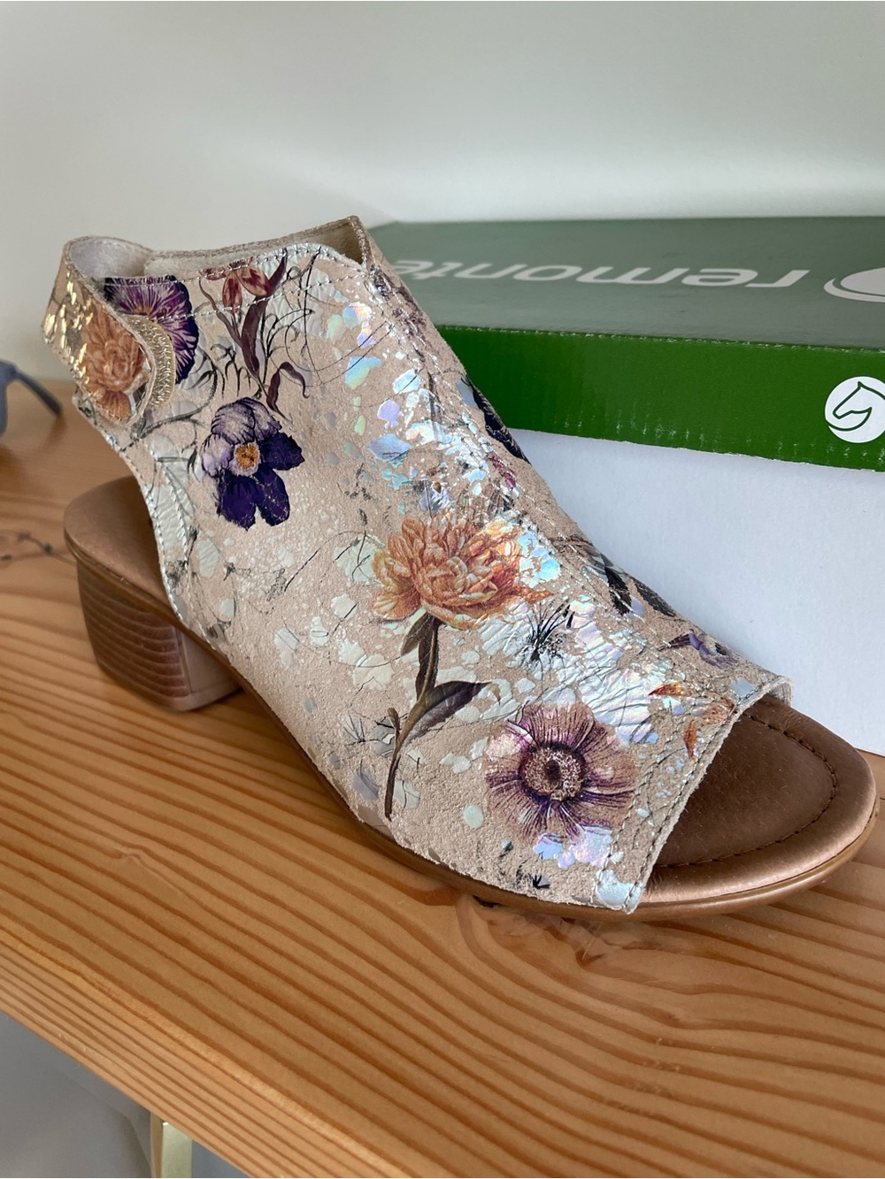 Remonte leather Floral Metallic Beige and Purple Open-Toe Block Heel Sandal